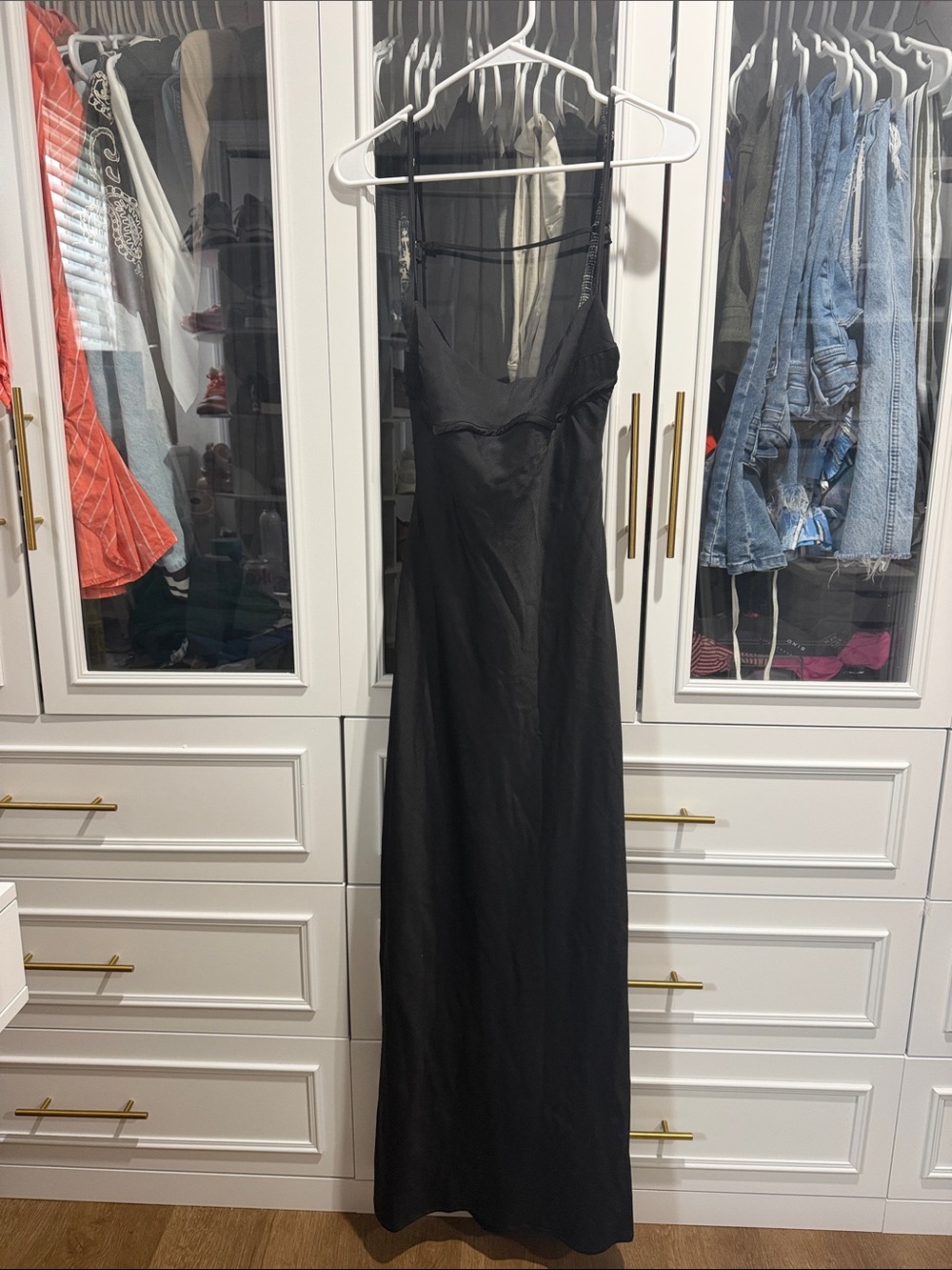 Women's Black Midi Slip Dress with Spaghetti Straps